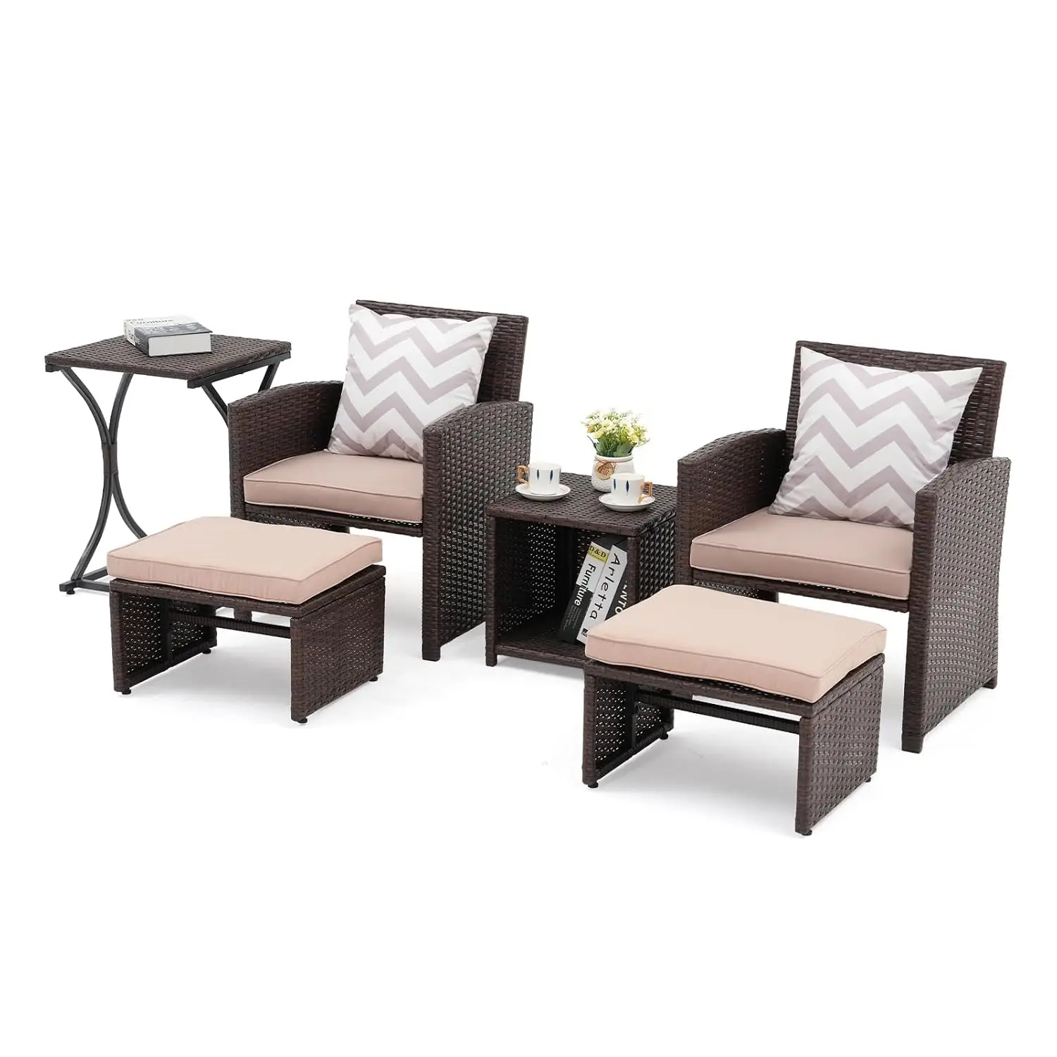 6-Piece PE Wicker Patio Set w/Chairs & Ottomans, Square Table w/2-Tier Shelf, Side Table, Outdoor Balcony Lounge Furniture, Beig