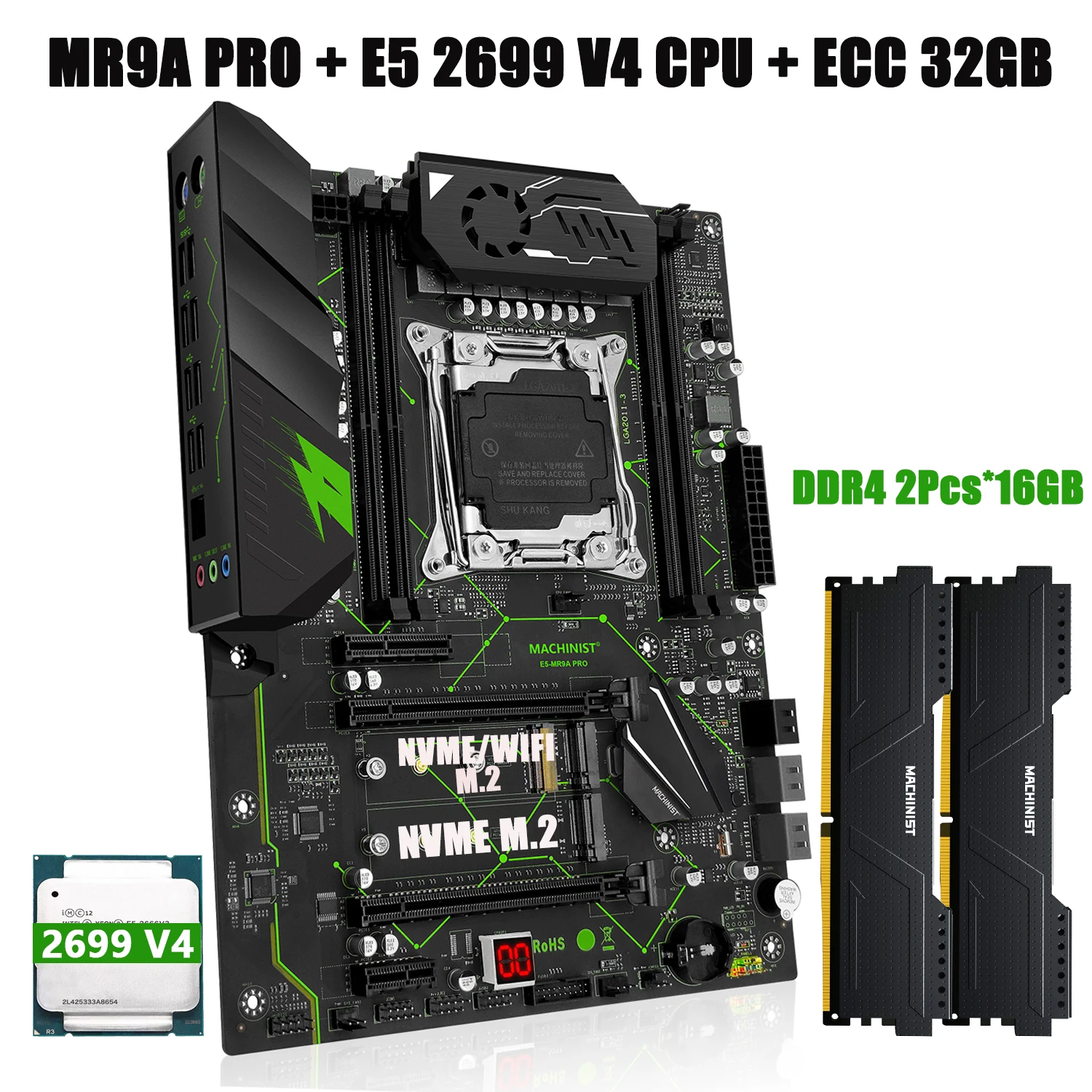 MACHINIST MR9A pro X99 Motherboard Kit LGA2011-3 with Xeon E5-2699 V4 CPU 32GB DDR4 RAM Support NVMe M.2 QuadChannel for Desktop