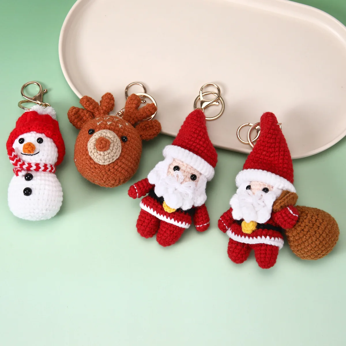 Handmade Croche Christmas Car Keychain Bulk Santa Claus Snowman Hanging Ornament,Festive Bag Charms Pendant for Holiday Gifts