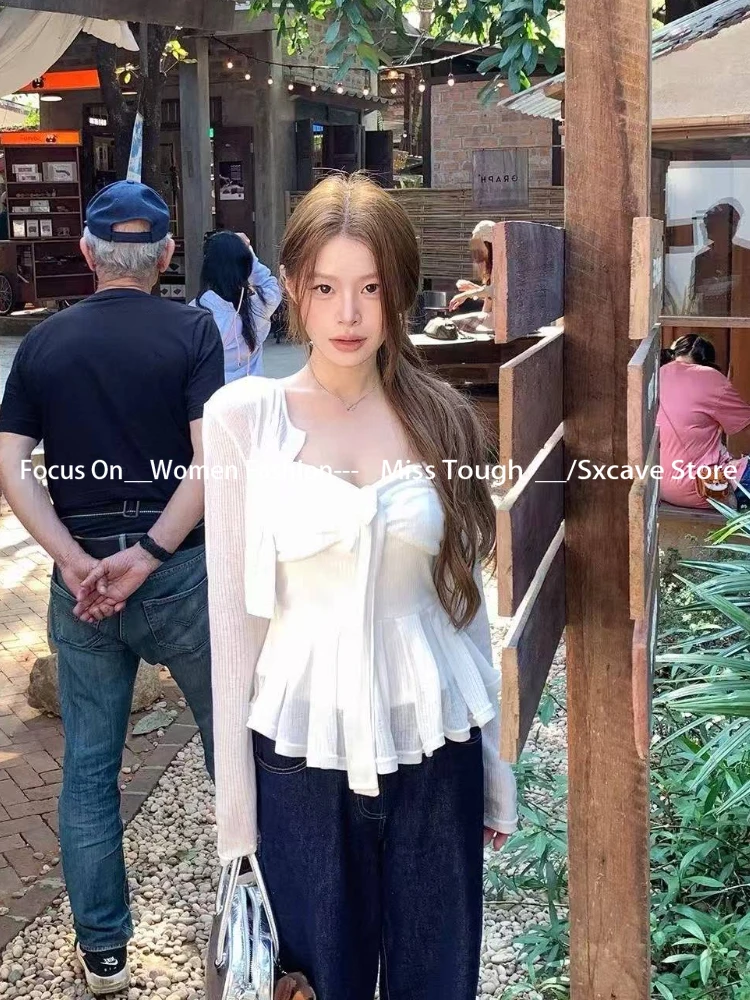Old Money Pure Color Casual Tops Woman Summer Korean Fashion Elegant Lothing Long Sleeve Short Cardigan Slim Fit Vest Chic