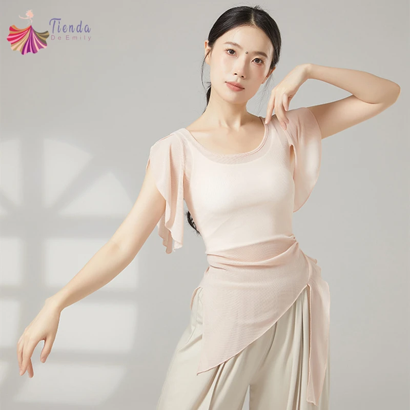 Top da ballo Costumi classici da donna Camicia a maniche corte divisa in rete di garza Orlo irregolare Camicette sari Sottile abbigliamento da ballo cinese