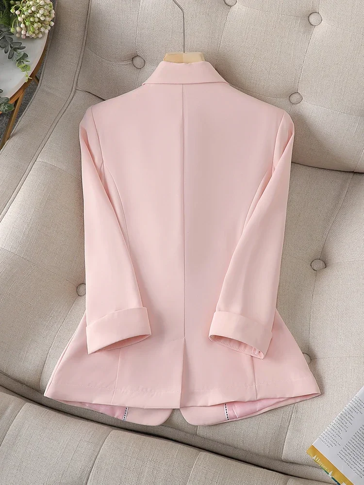 Spring Summer Women Formal Blazer Ladies Female Blue Pink Black Solid Three Quarter Sleeve Business Work Wear Jacket Coat