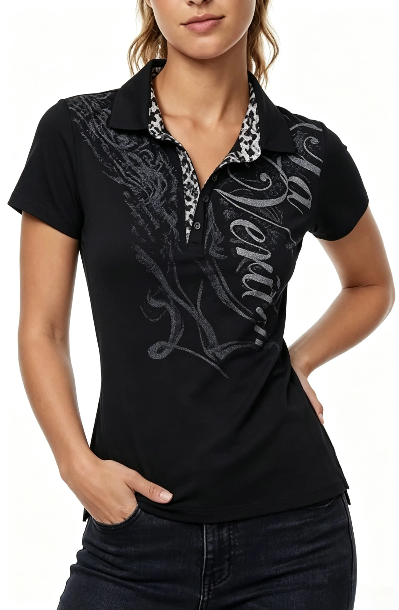 Body‑Contouring Short Sleeve Polo Shirt Lapel Collar Button Front Retro Swirl Art Print Slim Fit Daily Wear Casual Top