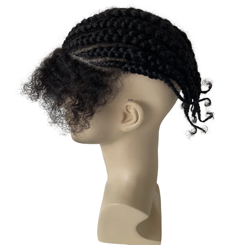 Brazilian Virgin Human Hair Replacement 1# Jet Black Color Cornrow Braids Unit 8x10 Full PU Toupee for Black Men