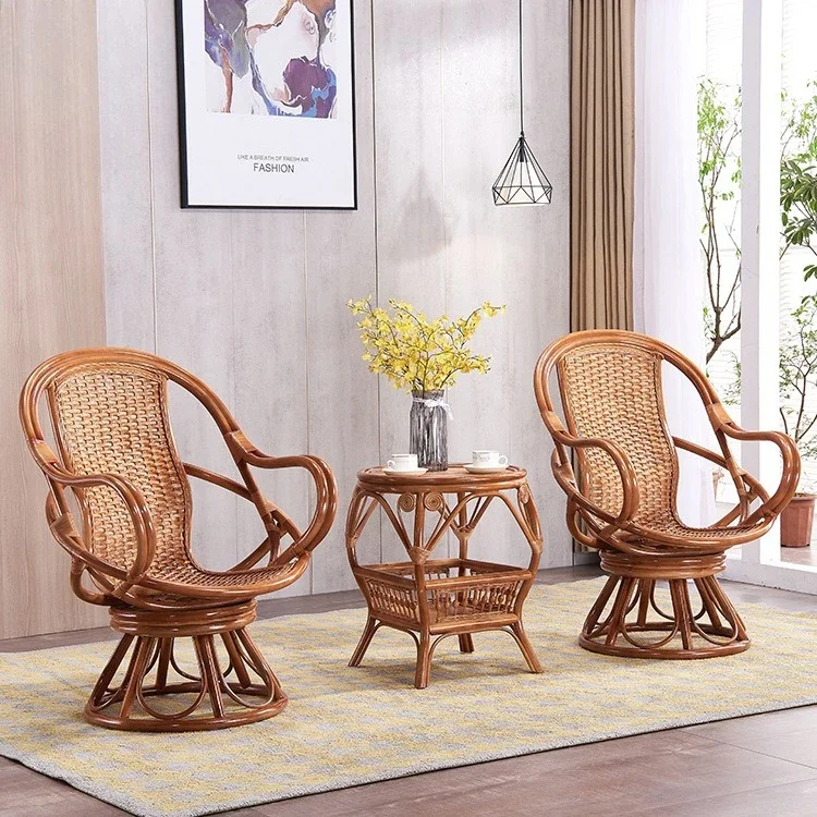 Rattan Chinese-style rattan swivel chair three-piece set, homestay leisure rattan tables and chairs