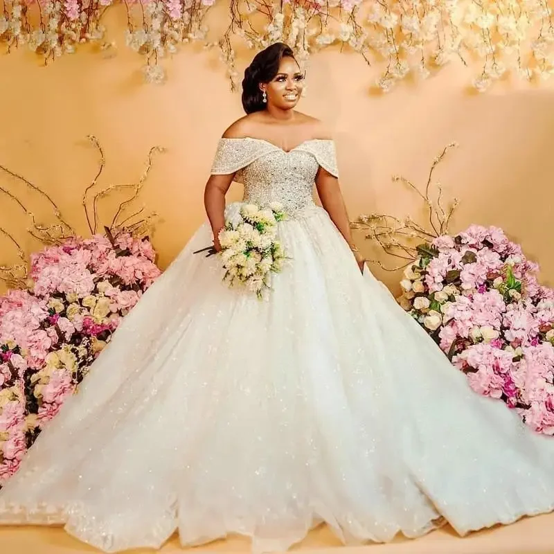 Vestido De novia personalizado con hombros descubiertos y cuentas De cristales De talla grande con cordones en la espalda vestidos De novia bata De boda