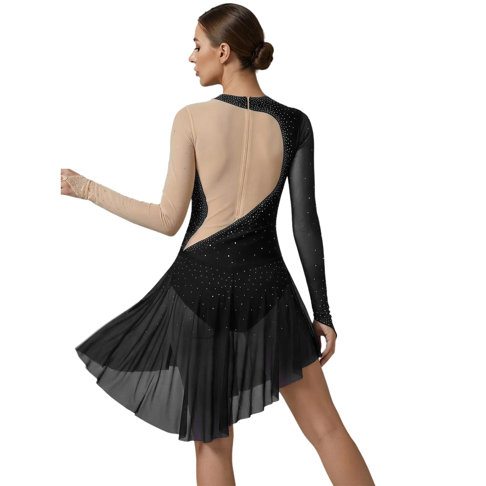 

Женский костюм для художественной гимнастики и фигурного катания, с длинными рукавами, сетчатыми вставками и стразами, балетное платье для лирических танцев, купальник, современная танцевальная одежда