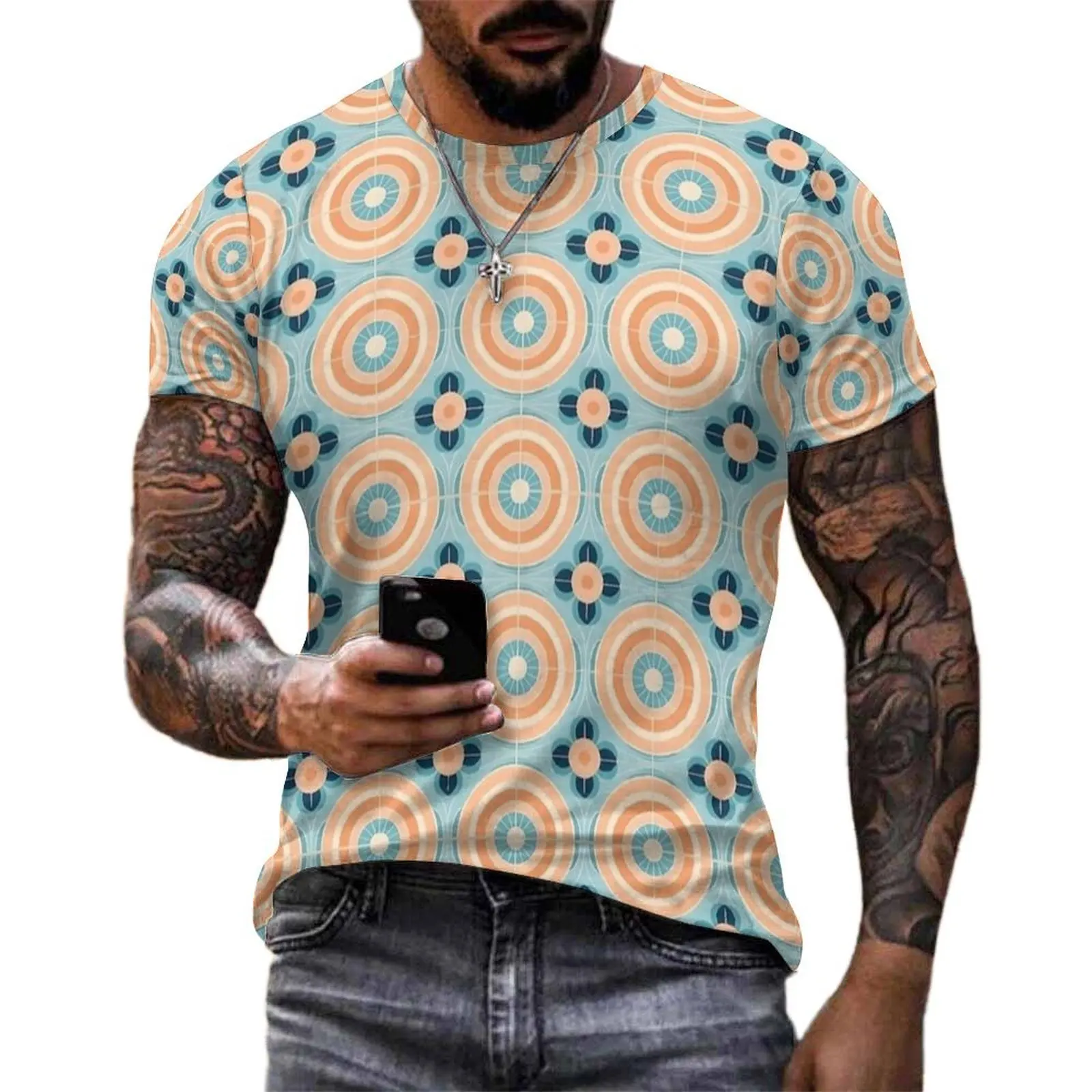 Summer T-Shirt Peach Floral Circle Tile T-Shirts  Y2K Casual Popular Tees For Male Short Sleeve Printed Oversized Tops