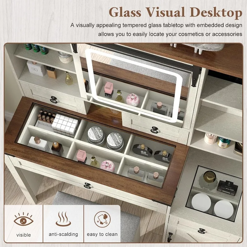 Farmhouse Makeup Vanity Desk with Sliding Mirror and Lights, 42
