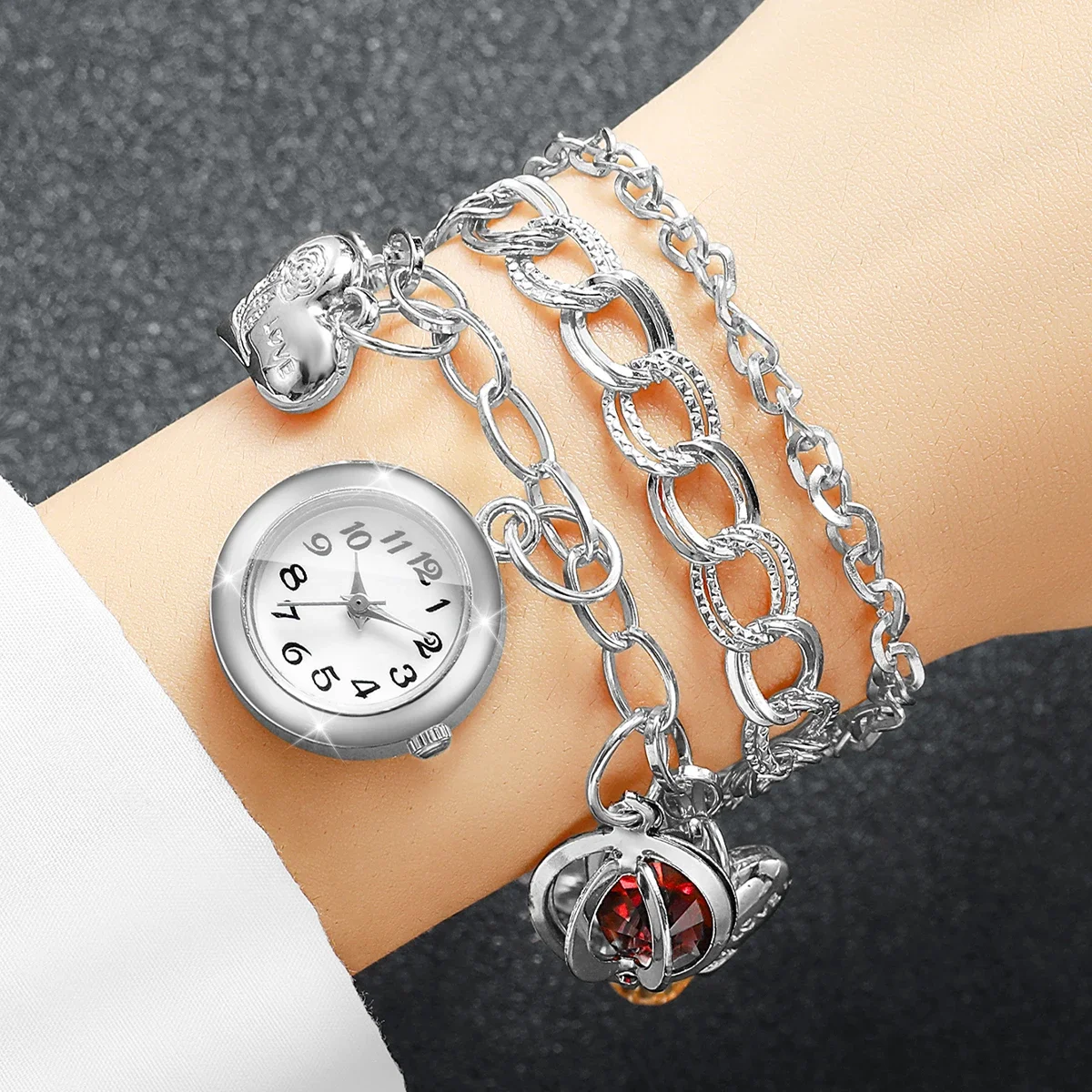 Elegant Silver Multi‑Layer Women Bracelet Watch Love Heart Red Crystal Charm Quartz Wristwatch Relogio Feminino（Without Box）
