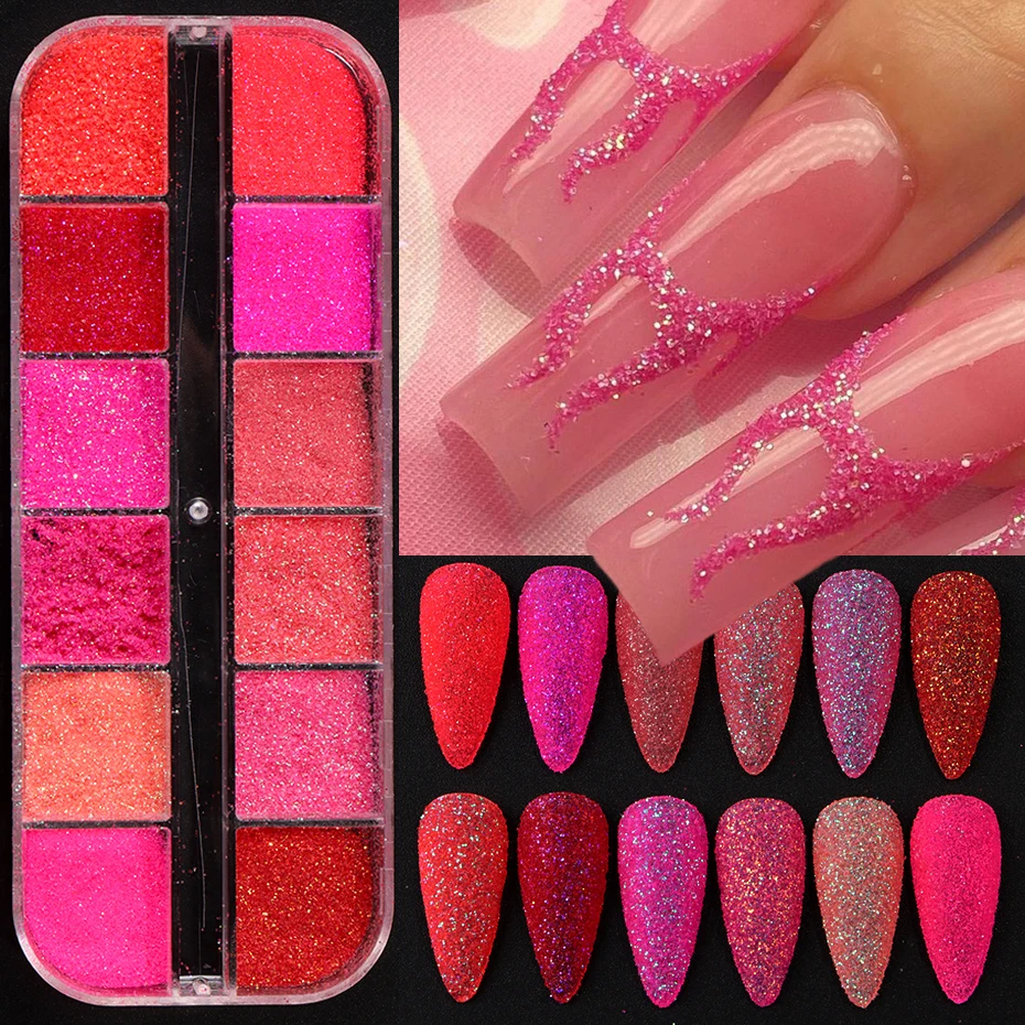 12Grids Pink Neon Sugar Candy Coat Nail Powder Mixed Multicolor Pink Series Powder And Glitter for New Year & Valentine's Day