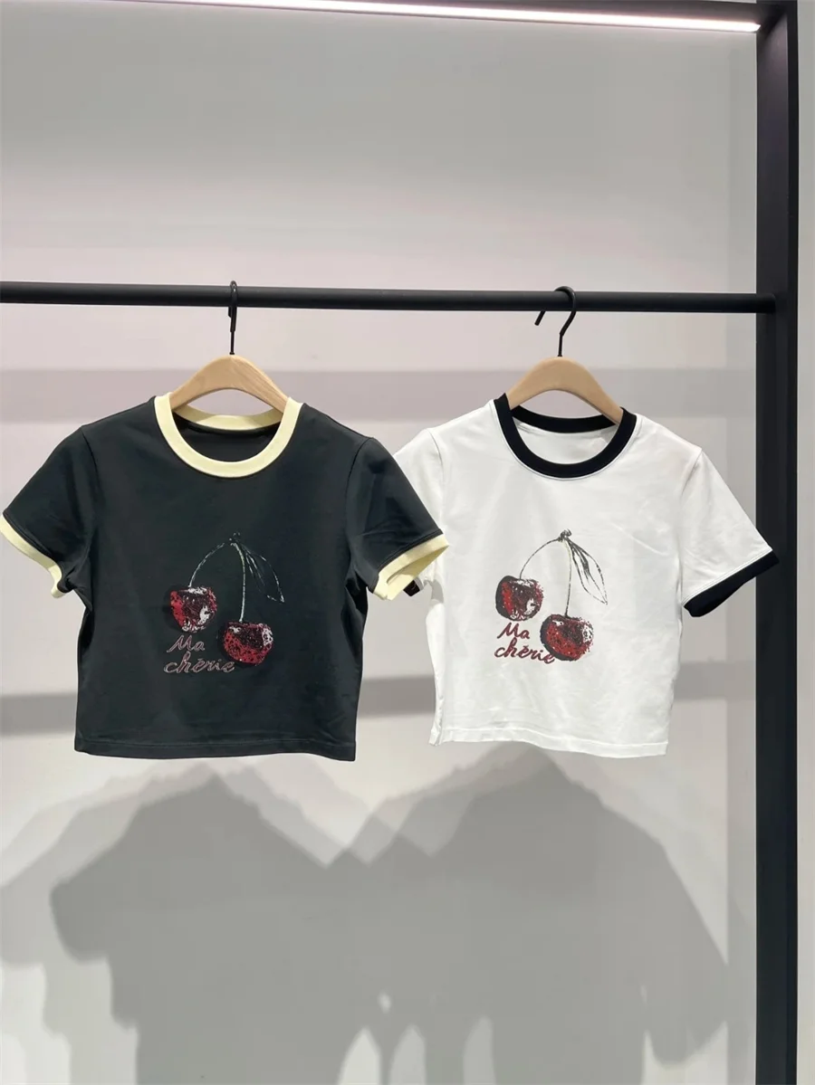 

Хлопковая футболка Ro Cherry Print ort Sve, женская летняя универсальная одежда, удобная посадка, повседневная круглая футболка Ne ort Length