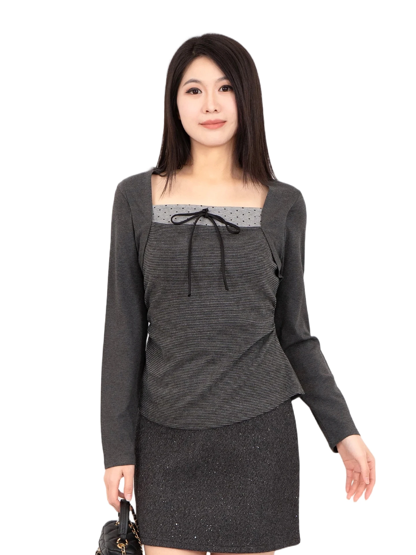 

Модная футболка с узлами и вставками, больших размеров, с длинным рукавом, весенняя коллекция 2026, новинка, с квадратным воротником, базовая модель, трендовая