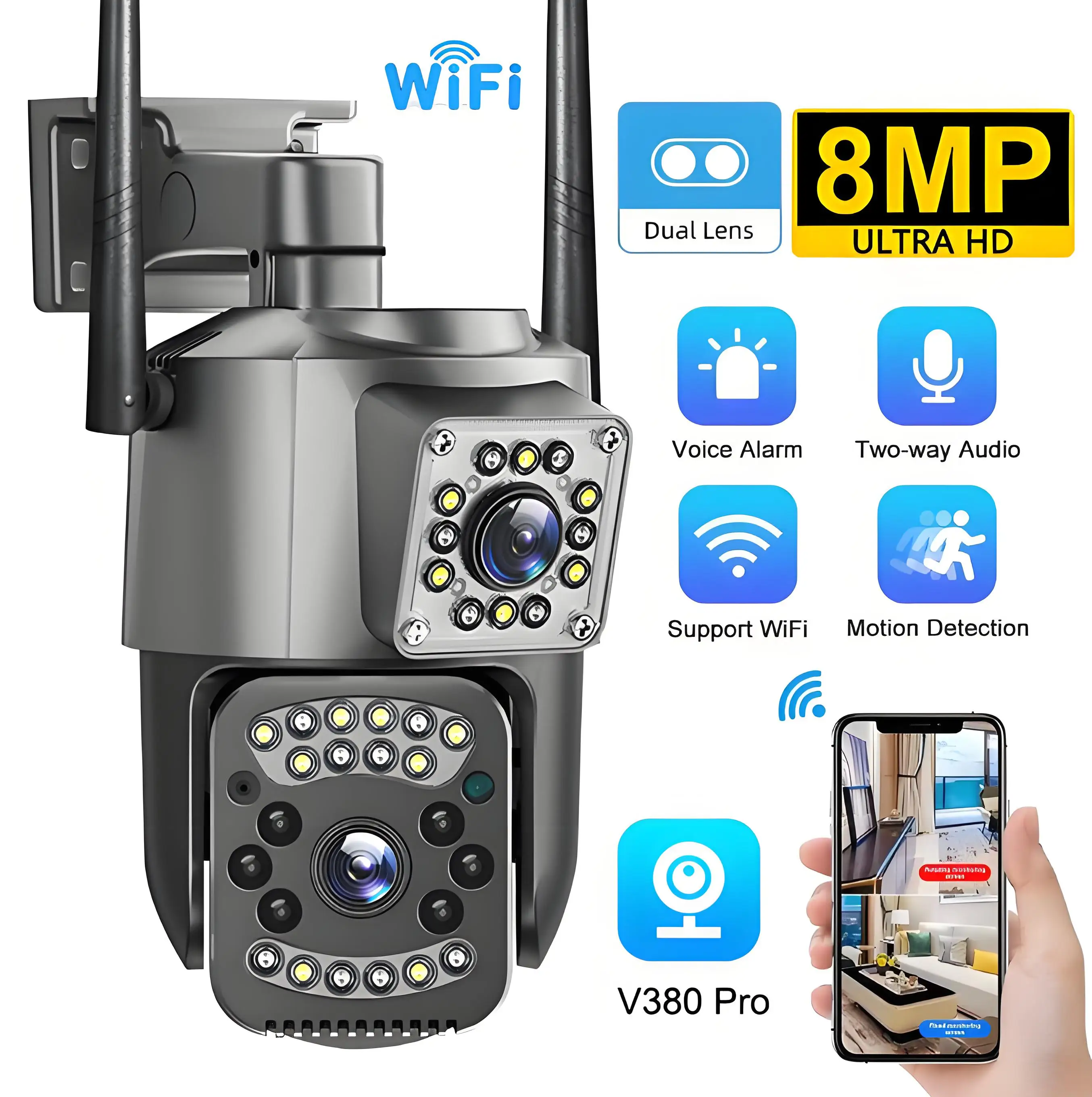 

4K 8MP Wifi Security Camera V380 Pro Dual Lens Night Vision Ai Human Detect PTZ IP Camara CCTV Outdoor Home Security Protection