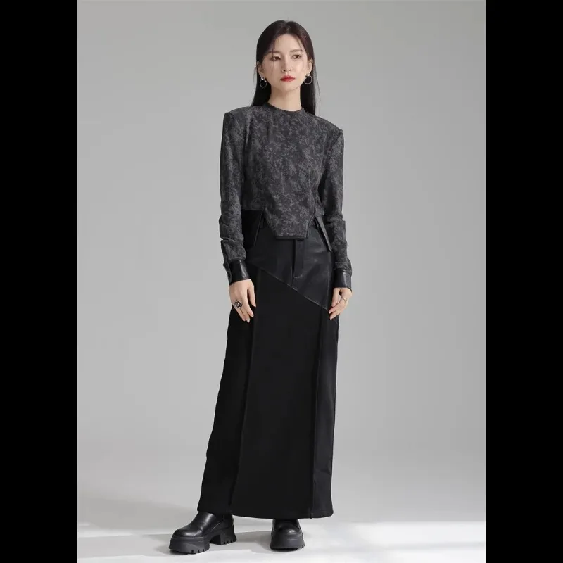 여성 플러스 벨벳 스커트 코튼 블랙 스플라이싱 롱 PU 가죽 밑단 가을 니치 의류 A라인 슬림핏 슬리밍 힙 겨울