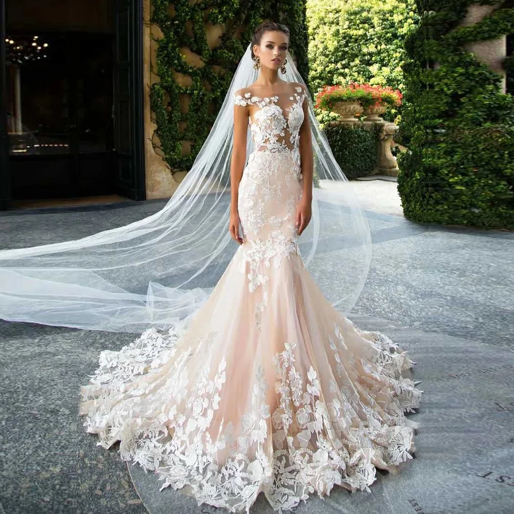 

Customized Made Cap Sleeve Sexy Backless Appliques Flowers Mermiad Wedding Dresses Sirena Vestidos De Novia