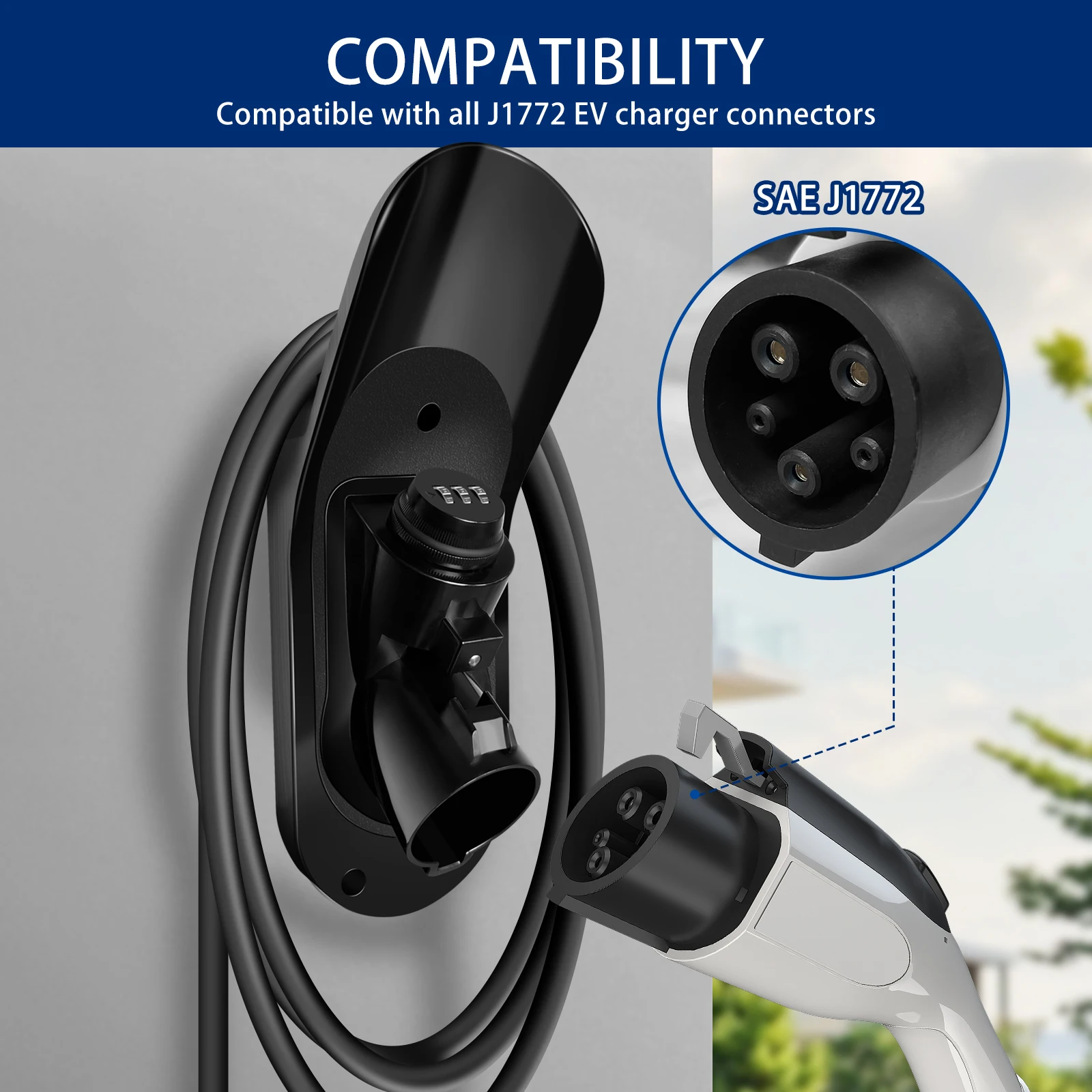 

EV Charger Holder Wall Mount for SAE J1772, EV Charger J1772 Cable Holder, Nozzle Holster Dock with Anti-Theft Combination Lock