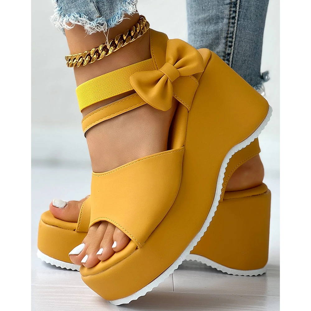 Summer Peep Toe Bow Decor Platform Wedge Modern Sweet Sandals Shoes for Women Casual Heels Korean Style Femme Sandals Women 2024