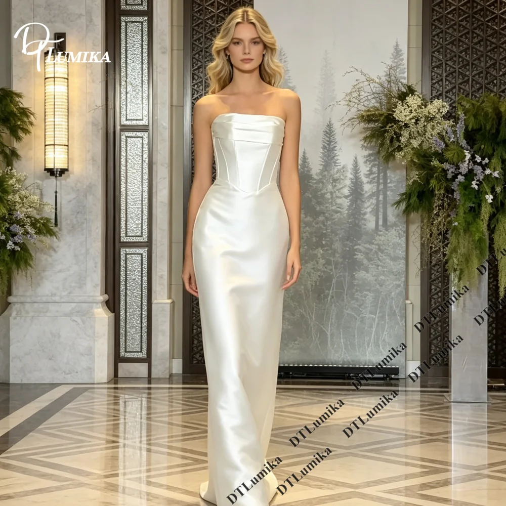 DTLumika Simple Minimalist Customized Sleek Bride Dress Strapless Fold Satin Mermaid Wedding Dress Structured Corset Bridal Gown