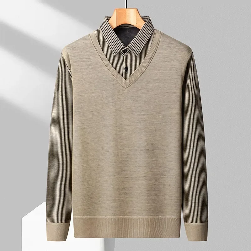 Mens Collared Fake Two Piece Knit Sweater Full Fleece Lining Warm Slim Vertical Stripe Long Sleeve Workplace Daily Pullover