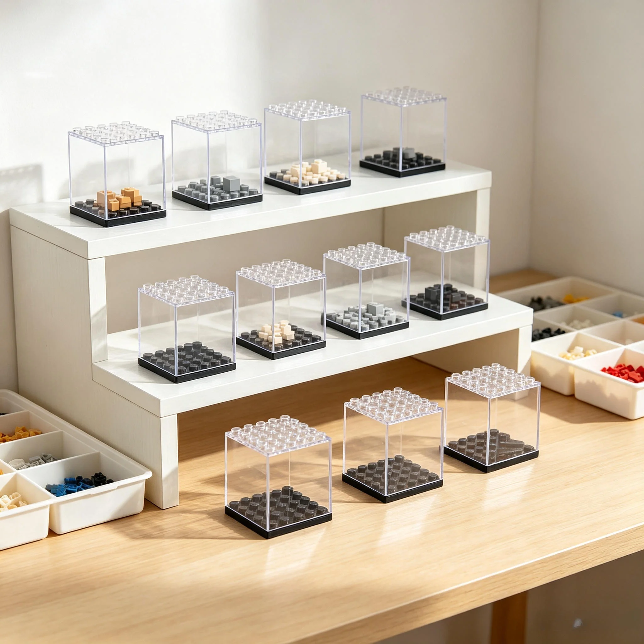 Acrylic miniature figure display box, transparent and stackable, for storing LEGO miniatures.