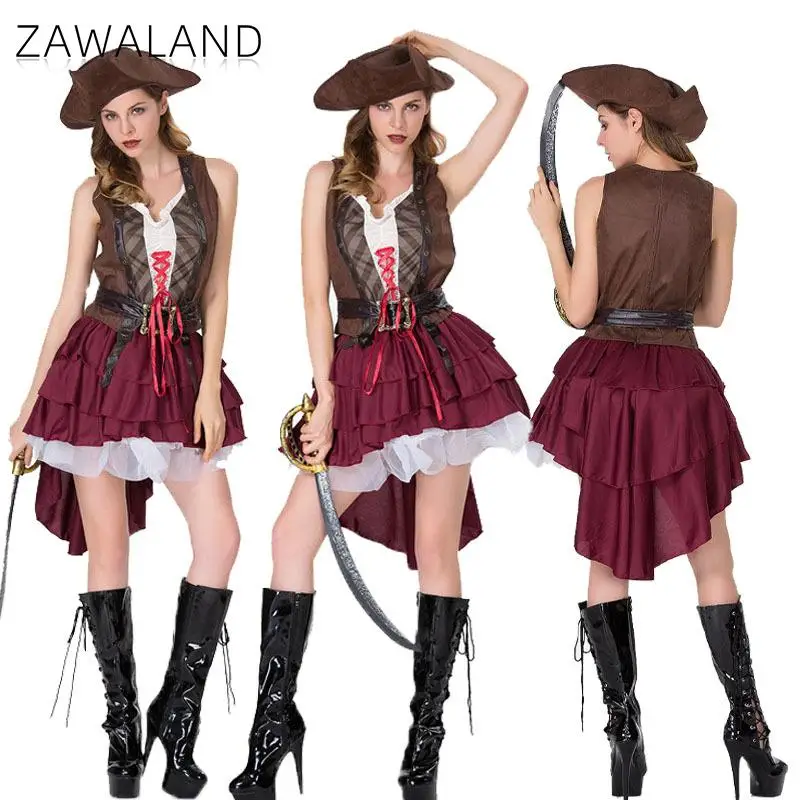 Halloween Pirate Cosplay Costume Sexy Female Caribbean Pirate Lady Outfit Hat Dress Carnival Party Masquerade Fancy Dress