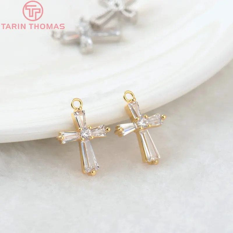 (1308)4PCS 18x12MM Hole 1.5MM 24K Gold Color Brass with Zircon Cross Pendants for DIY Jewelry Making Findings Accessories