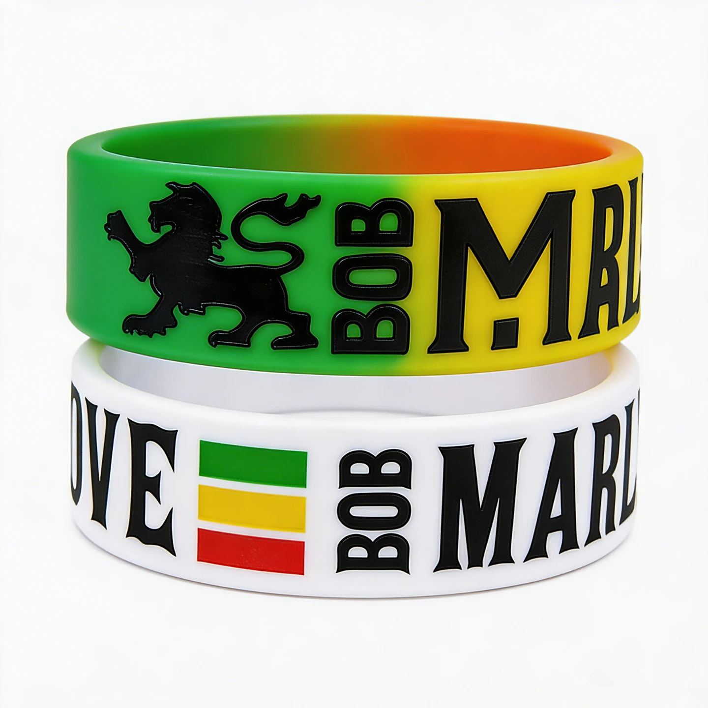 

25 Pcs One Inch Wide Bob Marley Silicone Bracelet Red Yellow Green Segmented Color and Whites Fashion Wristband
