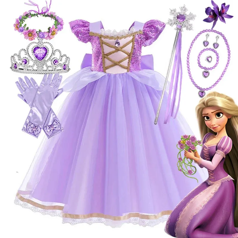 Disfraz de princesa Rapunzel de la película de animación enredada de Disney, vestido de juego con lentejuelas, vestido de fiesta de cumpleaños hinchado, Purim
