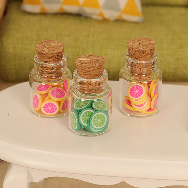 3Pcs/Bag Simulation Fruit Slices Glass Bottle Dollhouse Toy Miniature Food Fruit Jar Model Mini Kitchen Micro Landscape Ornament