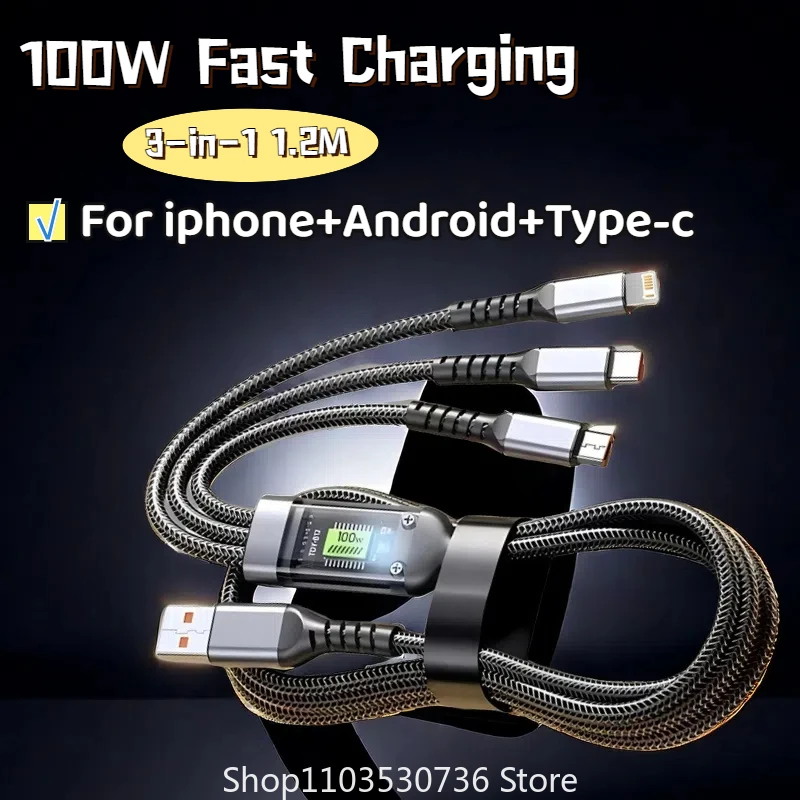 100W 5A Fast Charging 3-in-1 USB To Type-C Micro Fast Charger Cable For iPhone 14 13 Samsung Xiaomi Huawei iPhone 14 13