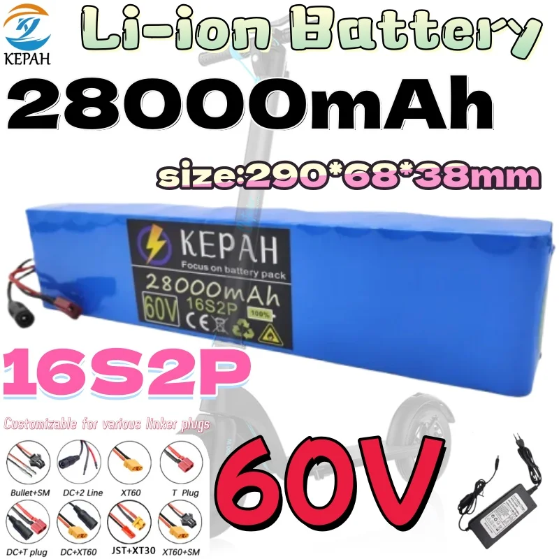 Long-Lasting 60V 67.2V 28Ah 28000mAh 16S2P 18650 Lithium Ion Battery Pack with BMS for Ebike Electric Bicycle and Scooter