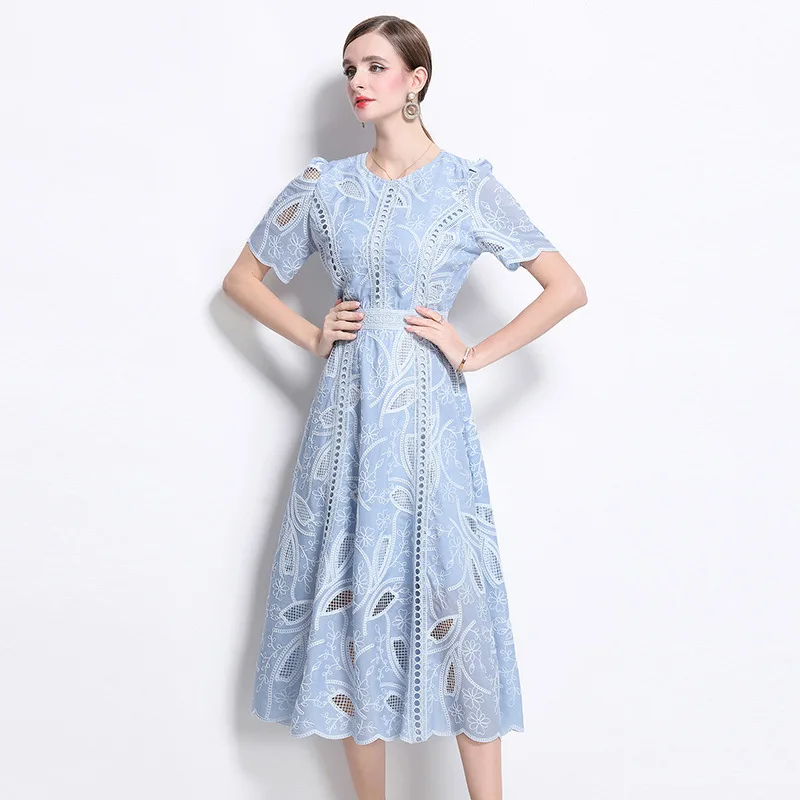 Summer Vintage Heavy Embroidery round Ne Waist Cinched ort Sve Dr Women Slimming Long Skirt Faionable Casual Dr