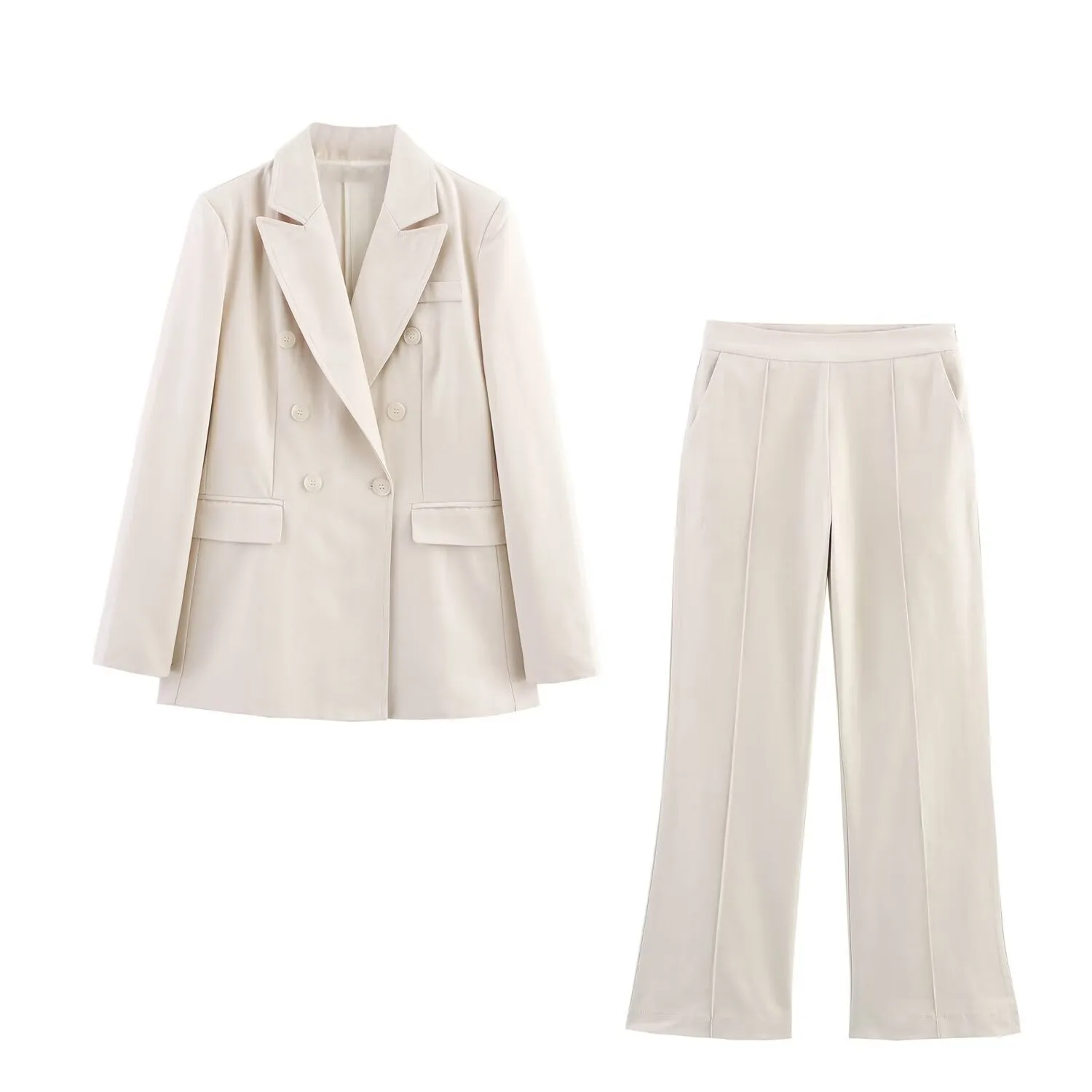 Women's Retro Loose Suit Pants Set Double-breasted Lapel Commuter Blazer High Waist Zip Straight Pants Spring New Chic Set