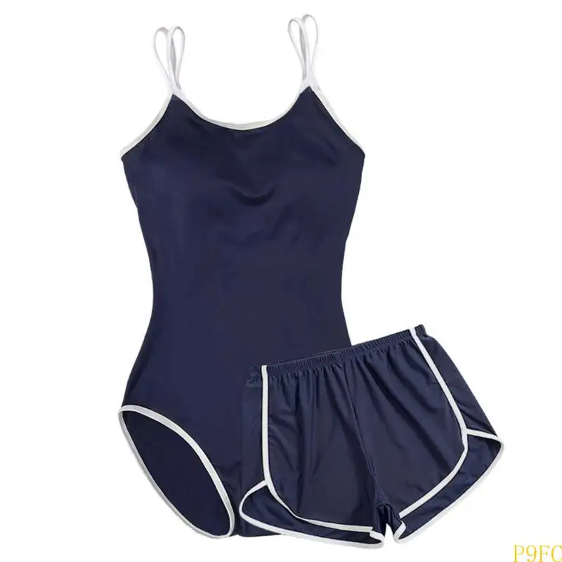 P9FC نساء قطعة السباحة مع شورتات السباحة محاط بالرقبة Monokini Swimswears بدلة السباحة مع صغار الخصر الجاف السريع الجاف عالية #2