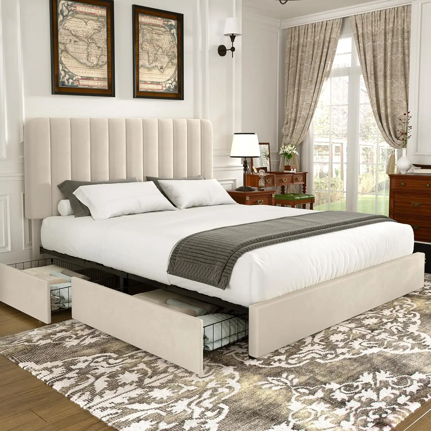 

Queen Size Upholstered Bed Frame with 4 Drawers, Velvet Platform Storage, Wooden Slats Support, No Box Spring Needed in Beige