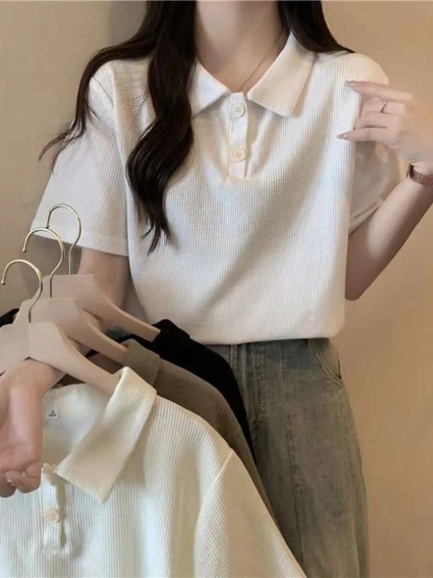 Elegant  Neck Short Sleeve T-Shirt Women's Loose Fashionable Versatile Top Commute Style Korean Version Universal Fit