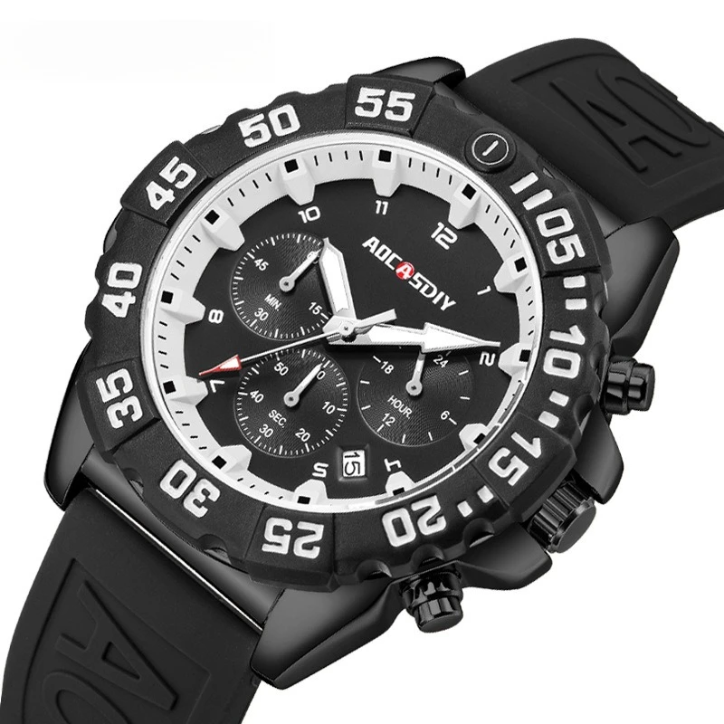 

Популярные мужские часы с цифровым большим циферблатом, многофункциональные, 6-контактные, кварцевые, водонепроницаемые, с силиконовым ремешком, спортивные мужские часы