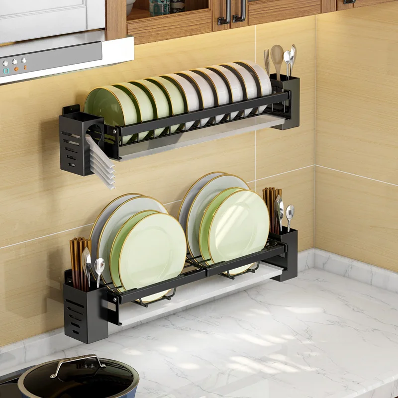 Wall Mounted Stainless Steel Dish Drainer Drying Rack Bowl Plate Storage with Tray Kitchen Organizer Chopstick Holder Hanging