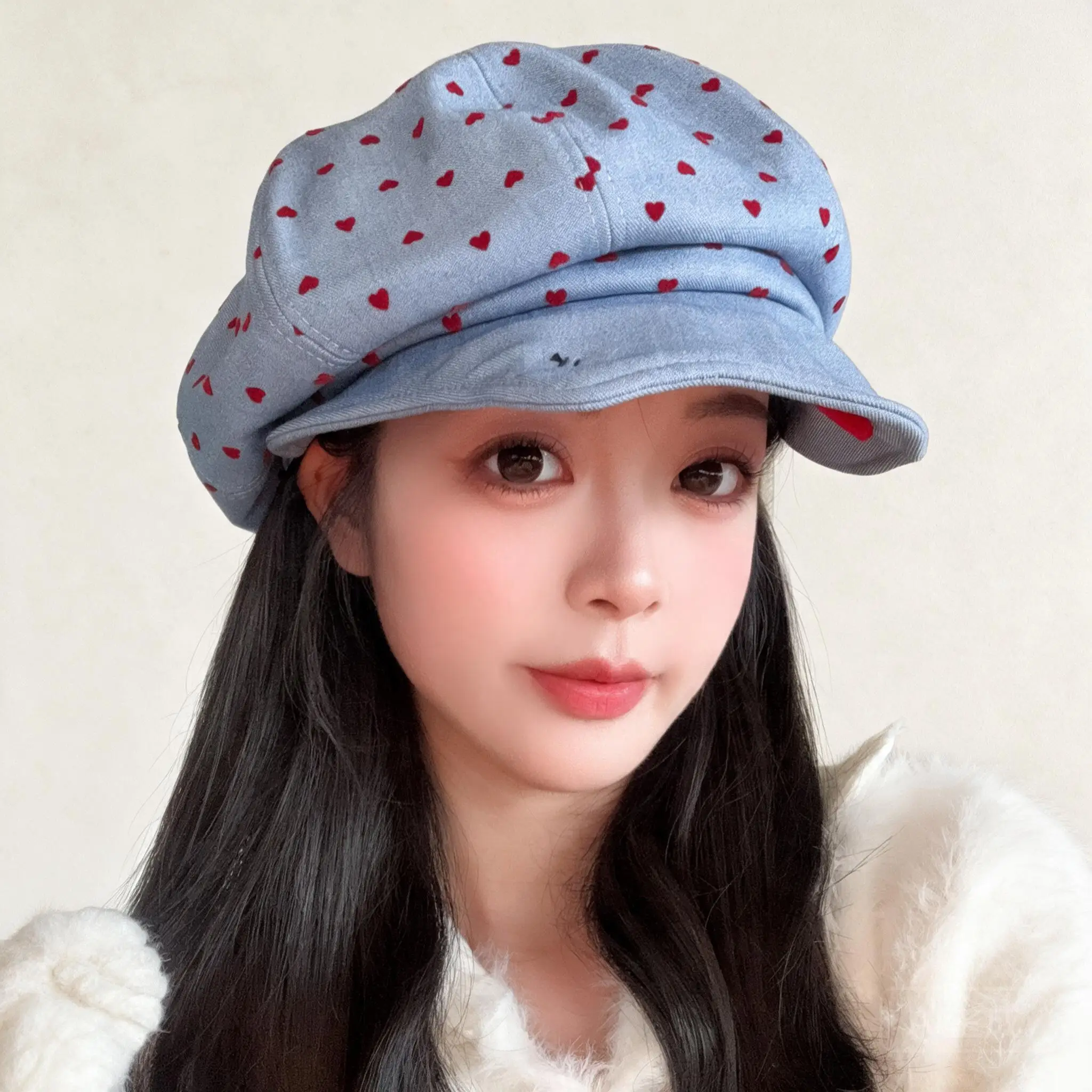 Light Blue Denim Beret Hats For Women Red Heart Embroidery Vintage Fall Newsboy Cap Face Slimming Octagonal Painter Hat One Size