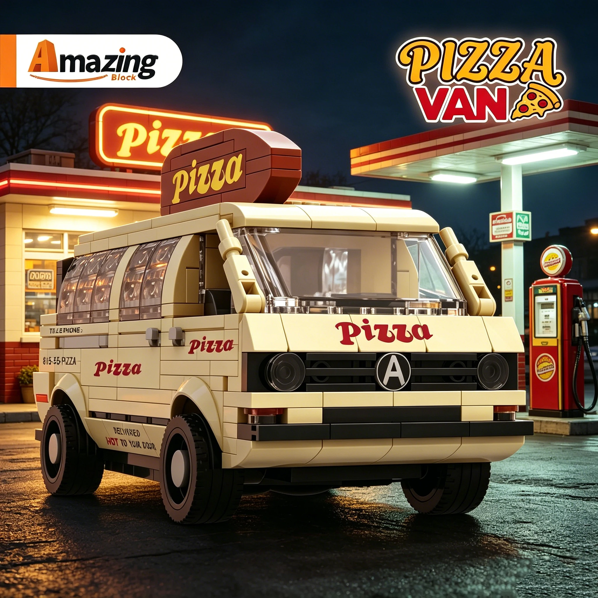 528-teiliger Pizza-Van Baukasten Retro Fast-Food-Lieferwagen Modell Bausteine Desktop-Ornament Sammlerstück DIY Spielzeug Geschenk