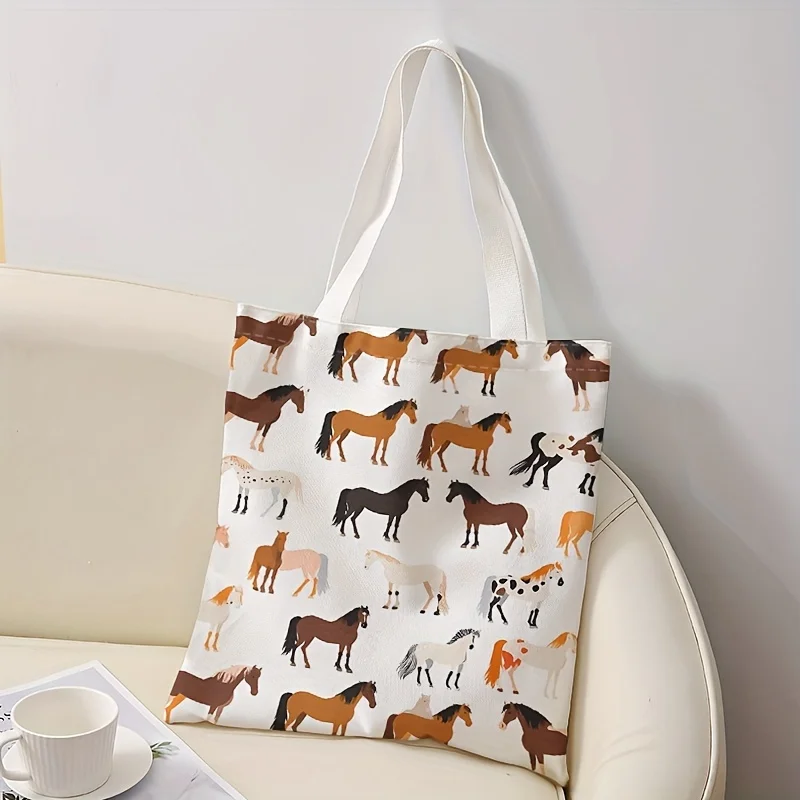 Canvas Horse Pattern Print Tote Bag Reusable Fashion Tote Alphabet Print Multi Functional Handbag Shopping Bags 40x38cm
