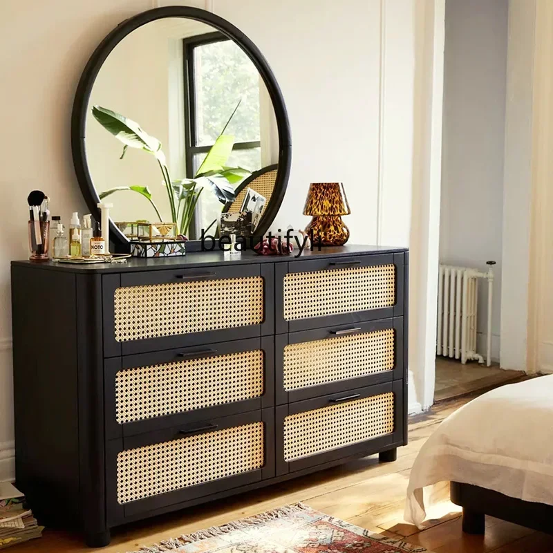 

SS SS7486 French solid wood six-chest cabinet, rattan storage, wabi-sandy wind small apartment household porch drawer locker