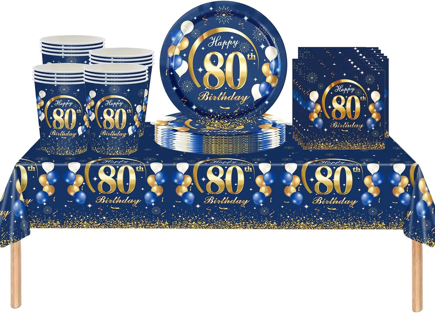 80th aniversário decoração masculino azul marinho ouro aniversário utensílios de mesa feliz 80th aniversário pratos copos guardanapos toalha de mesa masculino 80th