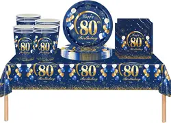 80th Birthday Decoration Men Navy Blue Gold Birthday Tableware Happy 80th Birthday Plates Cups Napkins Tablecloth Men 80th