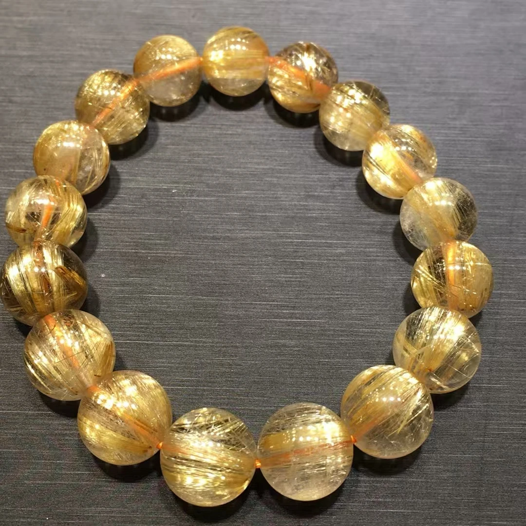 Natural Gold Rutilated Quartz Bracelet Cat Eye Round Beads 12mm Rutilated Brazil Women Men Fashion Wealthy Stone AAAAAAA