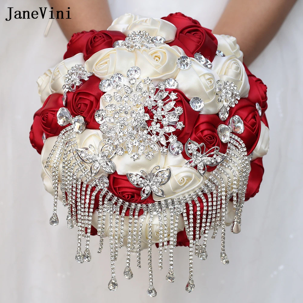 JaneVini Luxury Crystal Tassels Bridal Brooch Bouquets Burgundy Satin Roses Artificial Bridal Flower Bouquet Wedding Accessories