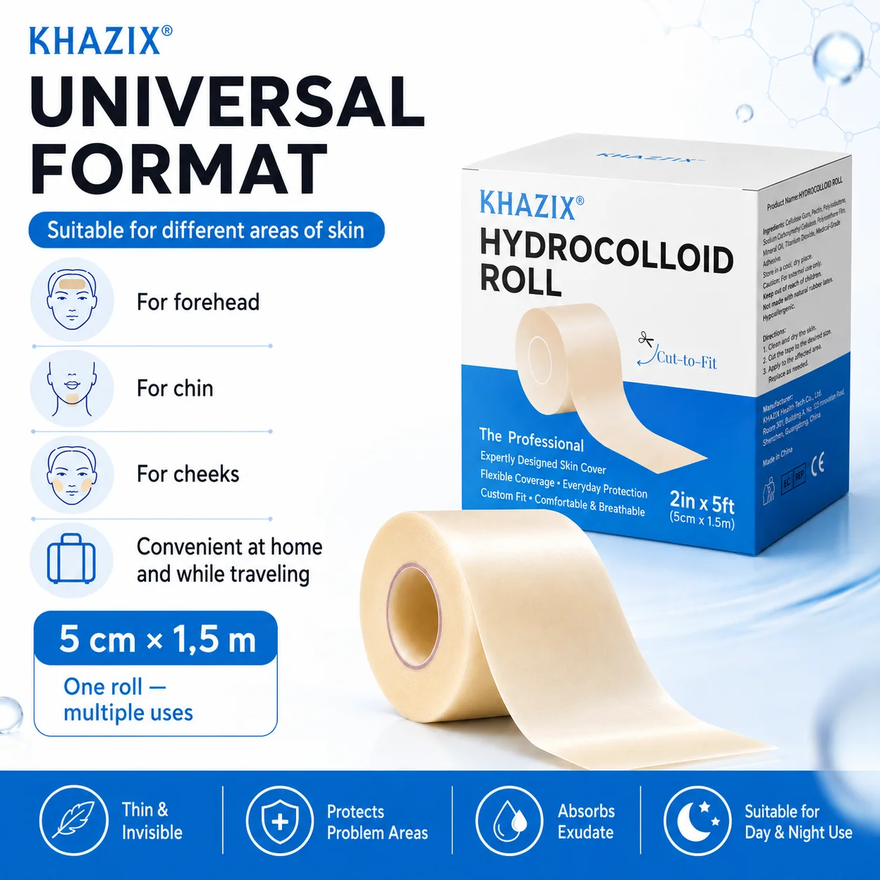1roll Hydrocolloid Acne Patch Roll DIY Cut-to-Size Pimple Cover Sticker, Ultra Thin Waterproof Blemish Tape for Face