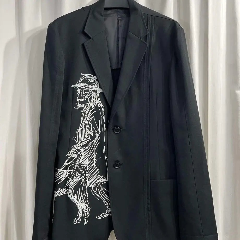 TOP-YAMAMOTO® Black Hand-Painted Print Tailcoat Men's Cashmere Dog-Walking Wool Suit Jacket Limited Edition