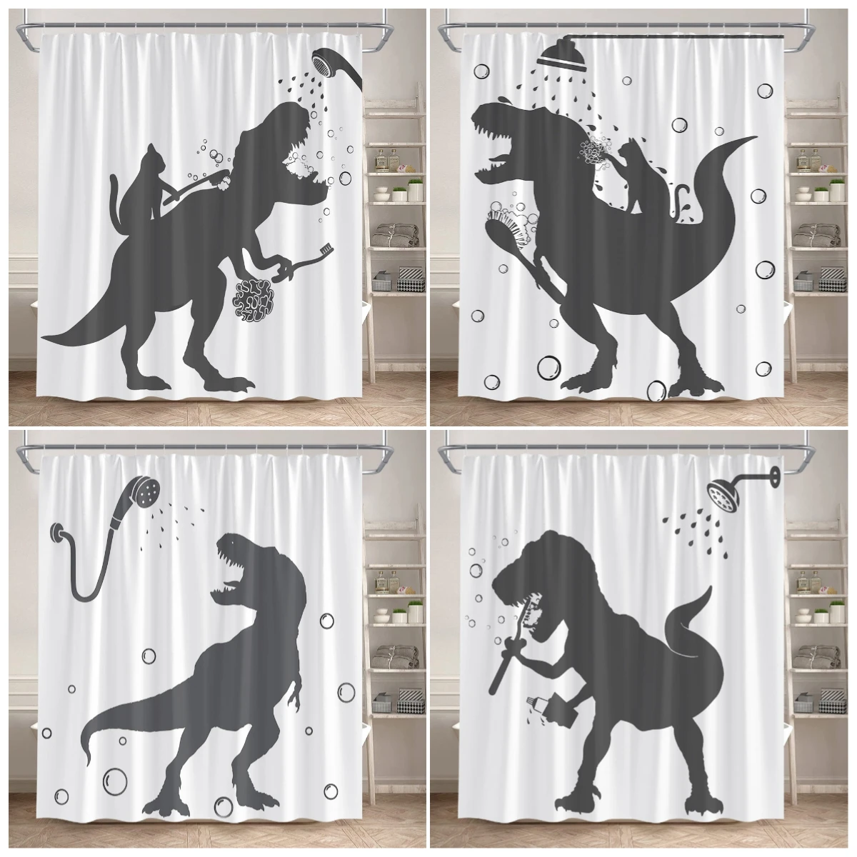 

Funny Bathing Dinosaur Shower Curtains Black Cat Animal Silhouette Kids Bath Curtain Modern Polyester Bathroom Decor with Hooks